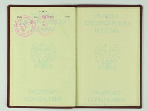 Zdjęcie przedstawia strony wewnętrzne ujawnionego paszportu konsularnego z 1981 roku wraz z pieczęciami kontroli granicznej 
