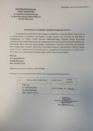 Informacja o wyborze najkorzystniejszej oferty - ogłoszenie o zamówieniu nr 3/ZD/2021 