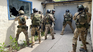Funkcjonariusze SG stoją z bronią przed drzwiami. Funkcjonariusze SG stoją z bronią przed drzwiami.