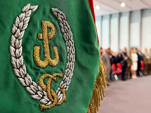 Zbliżenie na symbol Polski Walczącej na Sztandarze NwOSG. Zbliżenie na symbol Polski Walczącej na Sztandarze NwOSG.