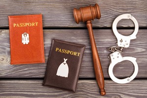 Okładki z napisem passport, garniturem i sukienką, młotek sędziowski oraz kajdanki. Zdjęcie poglądowe. Okładki z napisem passport, garniturem i sukienką, młotek sędziowski oraz kajdanki. Zdjęcie poglądowe.