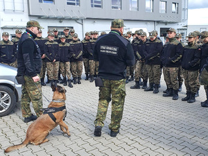 Uczniowie słuchają przewodnika psa służbowego. Uczniowie słuchają przewodnika psa służbowego.