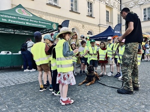 Na kostce brukowej leży pies służbowy. Przewodnik psa opowiada zgromadzonym w koło dzieciom. Na kostce brukowej leży pies służbowy. Przewodnik psa opowiada zgromadzonym w koło dzieciom.