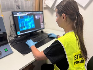 Funkcjonariuszka sprawdza autentyczność dokumentów. Funkcjonariuszka sprawdza autentyczność dokumentów.